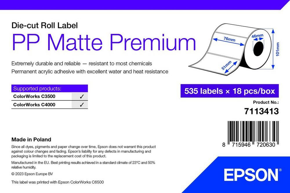 Epson Druckeretiketten (Rolle), 76 mm × 51 mm, Polypropylen (matt), 535 Etiketten