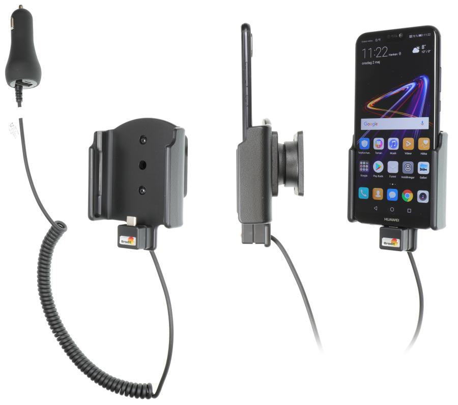 Brodit Auto-Ladegerät – 1× USB-A, Ausgang 4,75–5,25 V – Schraubbefestigung – für Huawei P20 Lite – Schwarz