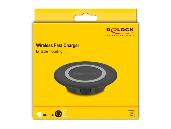 DeLOCK Kabelloses Ladegerät 15 W – Qi, USB-C×1 – Tischeinbau – für Smartphones – Schwarz