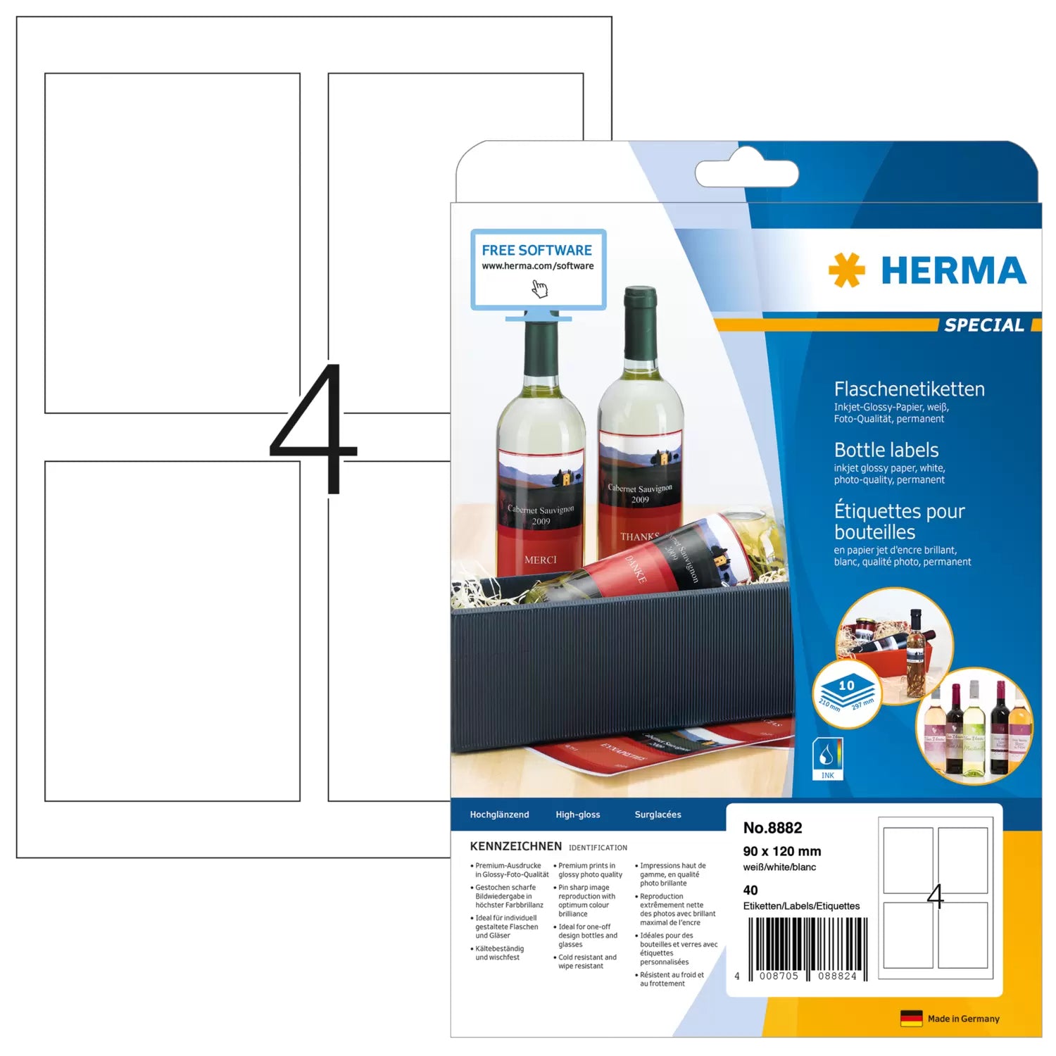 HERMA 8882 – Etiketten A4 90 × 120 mm – Papier, weiss – Permanent haftend – Inkjet – 4 pro Blatt, 10 Blätter