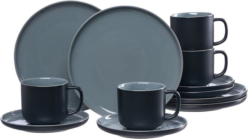 Ritzenhoff & Breker Frühstück-Serviceset Jasper – 12-teiliges Set, Ø 15 cm, Steingut, Schwarz, spülmaschinenfest