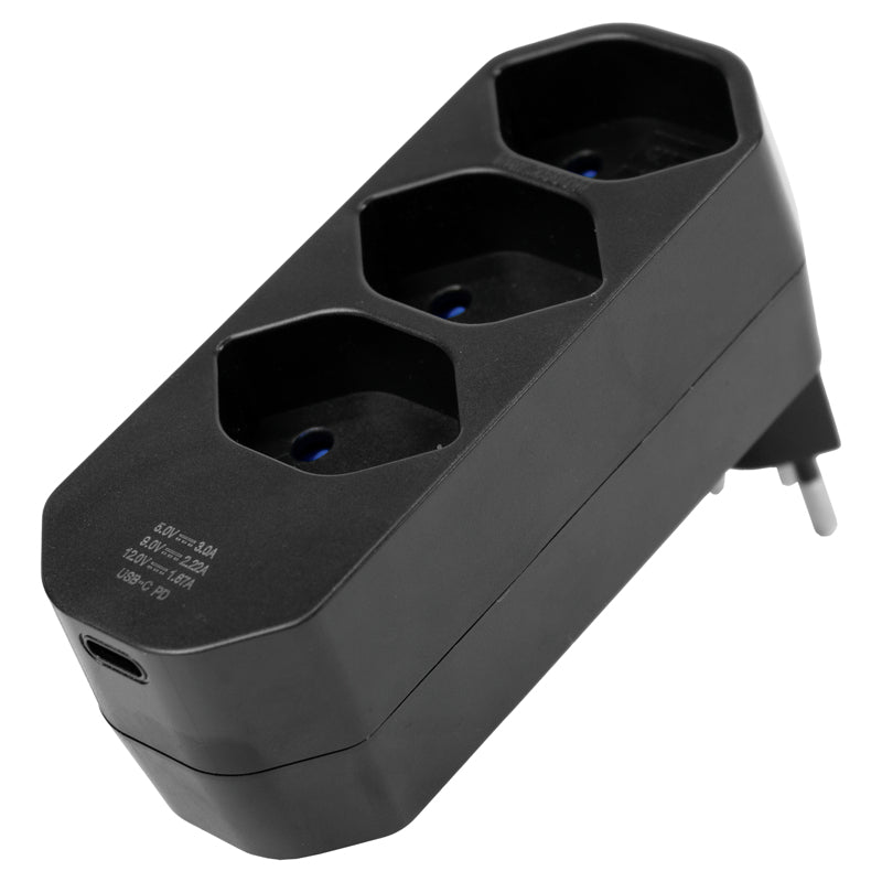 Steffen Steckdosenleiste, 4×T13, 1×USB-C, ohne Schalter, abgewinkelter T12-Stecker, 42×75×110 mm – schwarz