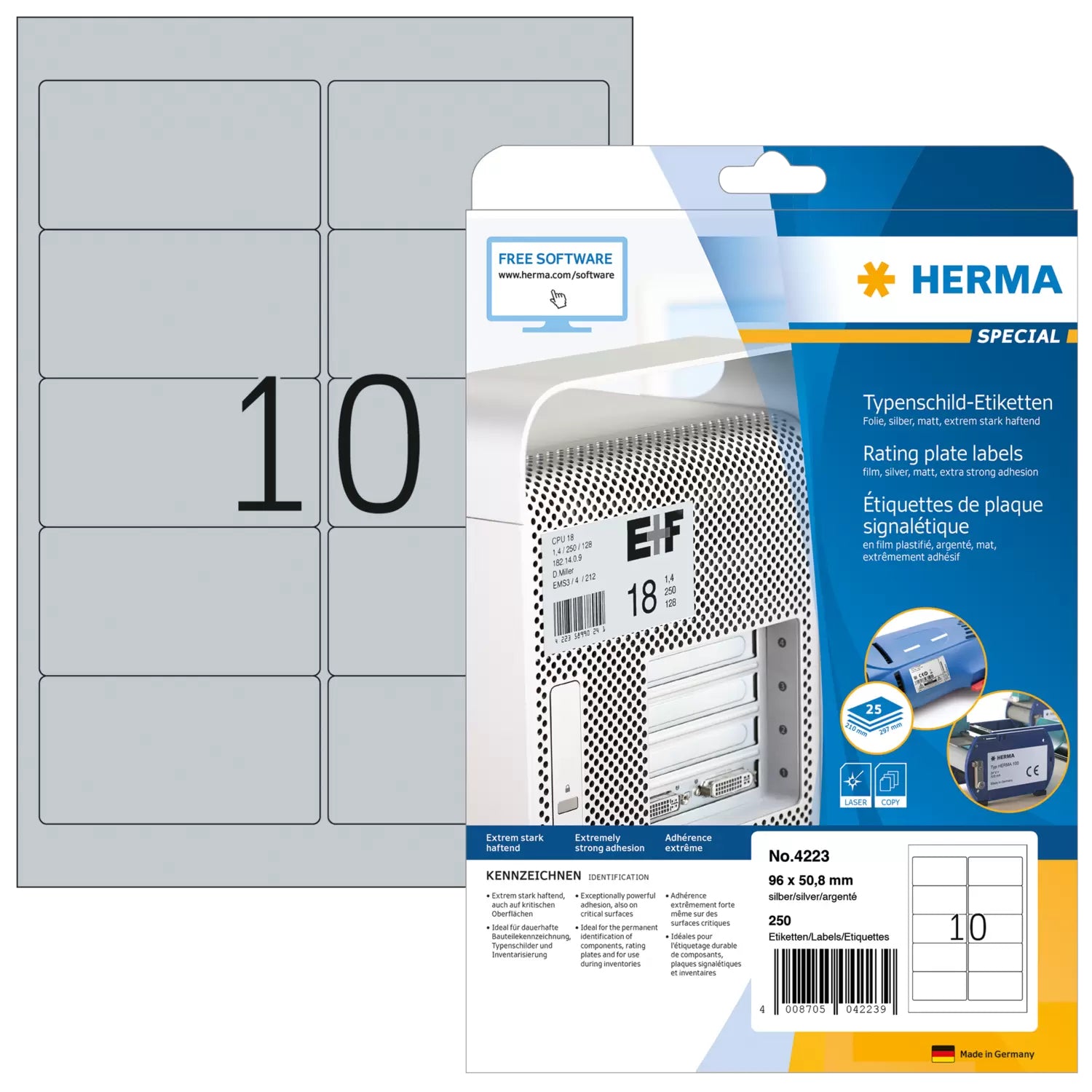 HERMA Drucketiketten, 96 mm × 51 mm, silber, Folie, extra stark, 25 Blätter (250 Etiketten)