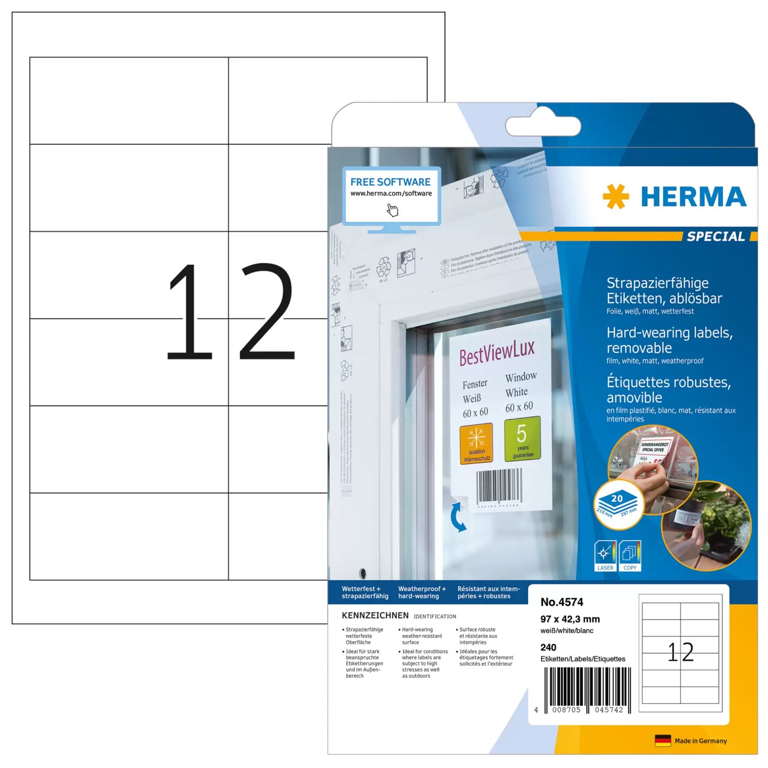 Herma – Druckeretiketten, 97 mm × 42 mm, weiss, Folie, extra stark, 20 Blatt (240 Etiketten)