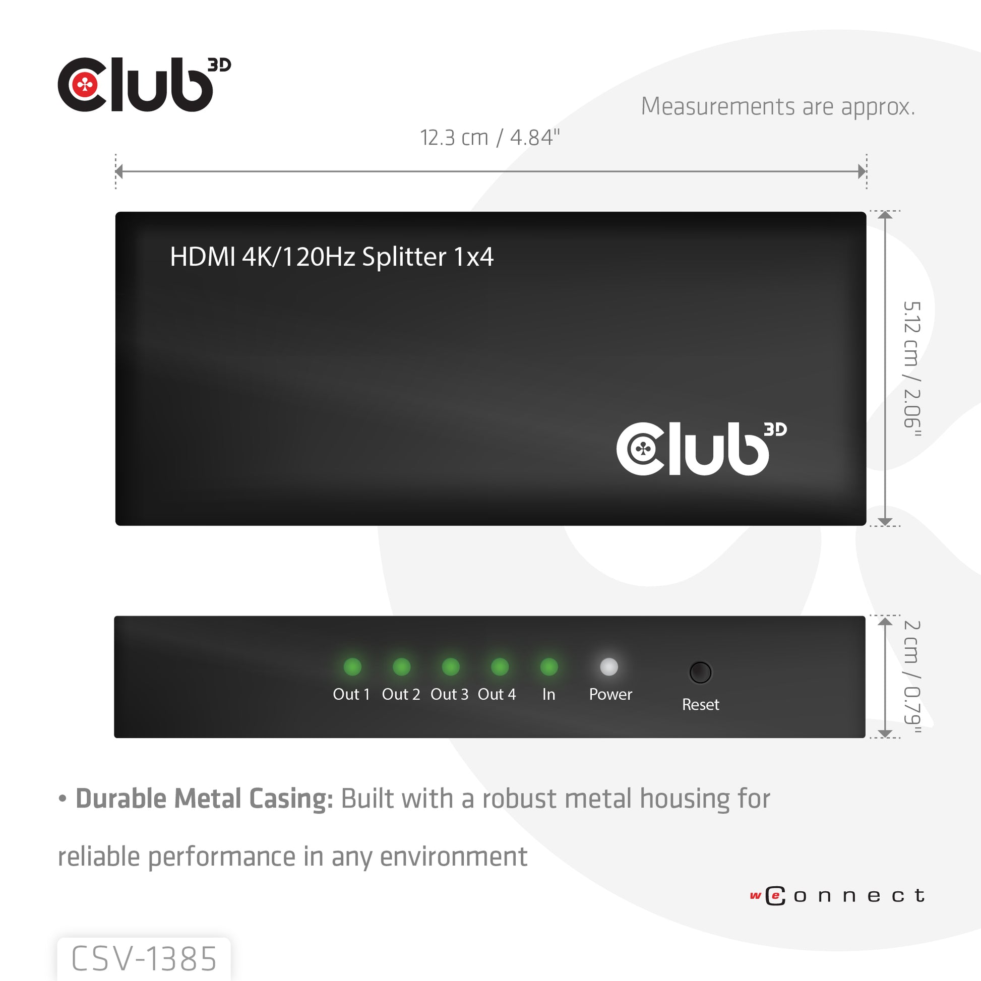 CLUB3D HDMI Splitter 1 zu 4 – 4× HDMI, 4K (3840 × 2160) – Passiv, HDCP 1.4/2.2 – Schwarz