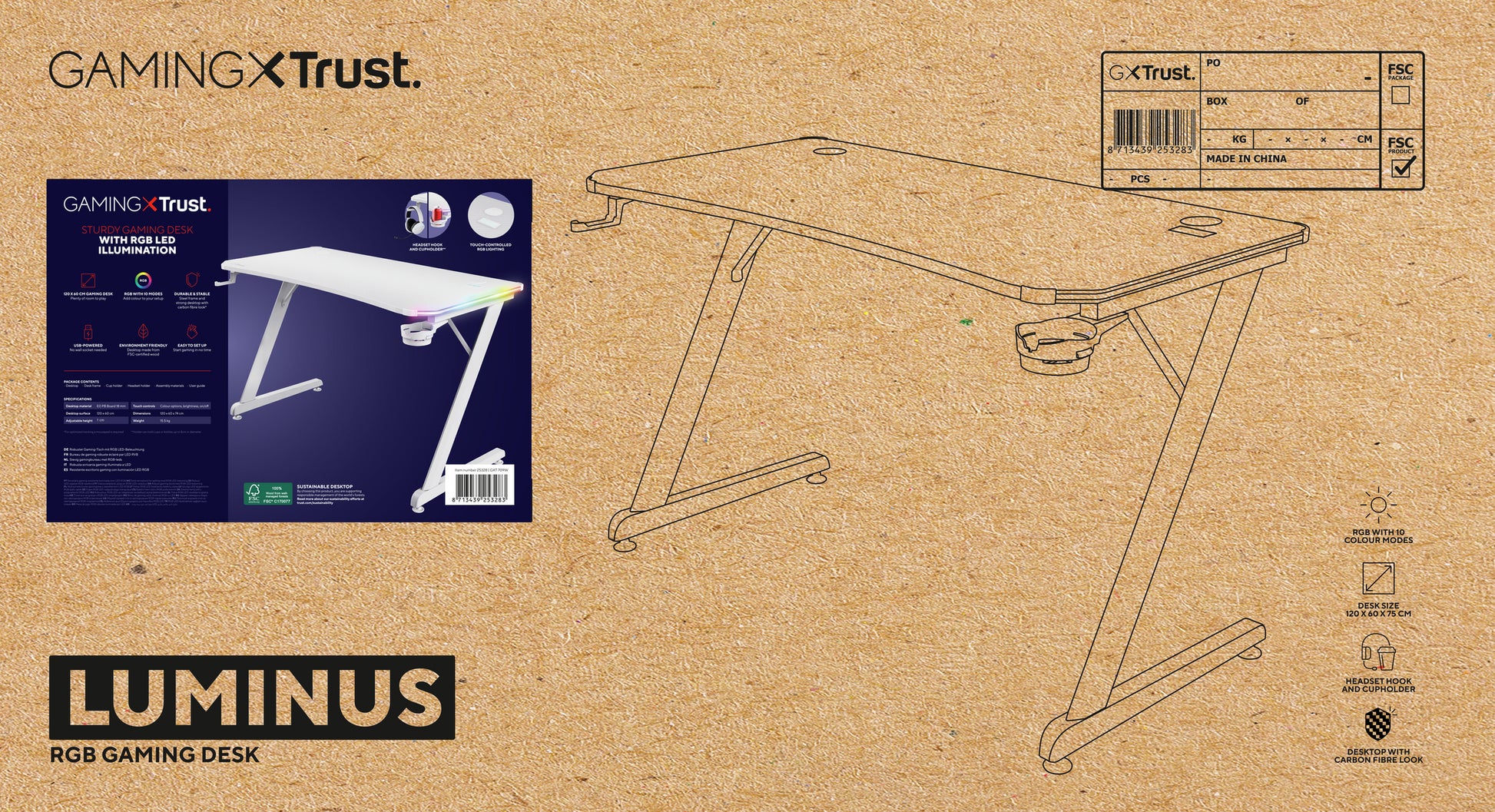 Trust GXT709W Luminus – Rollbarer Computertisch, 1'200×600×740 mm, RGB-LED-Beleuchtung, bis 150 kg, Weiss