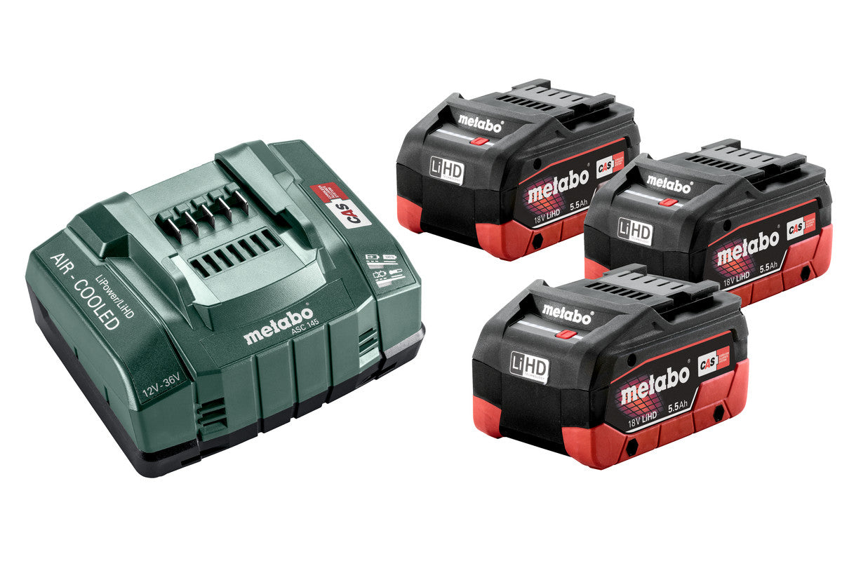 Metabo Akku-Set 18 V 5,5 Ah LiHD – 3 Akkus, 1 Ladegerät – 99 Wh
