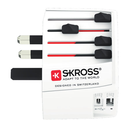 Skross 1.302967 Reiseadapter – Universal zu Universal, 625 W, 2× USB – für über 220 Destinationen