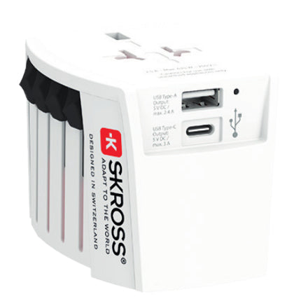 Skross 1.302967 Reiseadapter – Universal zu Universal, 625 W, 2× USB – für über 220 Destinationen