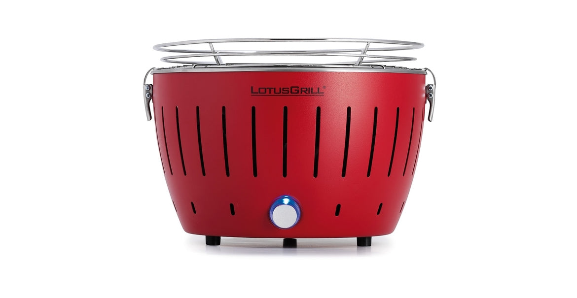 LotusGrill G280 – Tischgrill, Holzkohle, Ø 29 cm, 29 × 29 × 29 cm, Edelstahl, Dunkelrot, mit USB