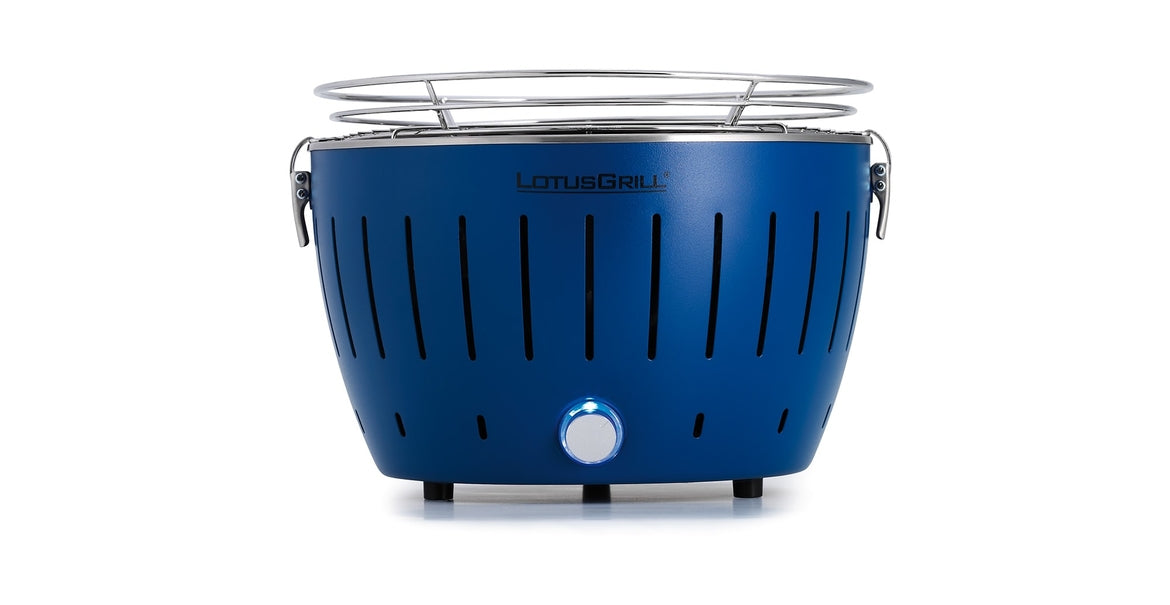 LotusGrill Tischgrill G280 – 26 cm Kochfläche, Holzkohle, USB-Anschluss – Dunkelblau/Edelstahl