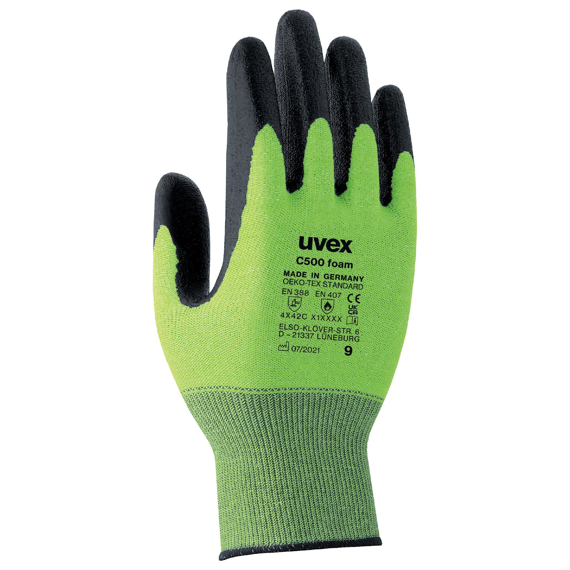 Uvex Schnittschutzhandschuhe C500 Foam – Grösse 11, 1 Stück – Schwarz/Grün