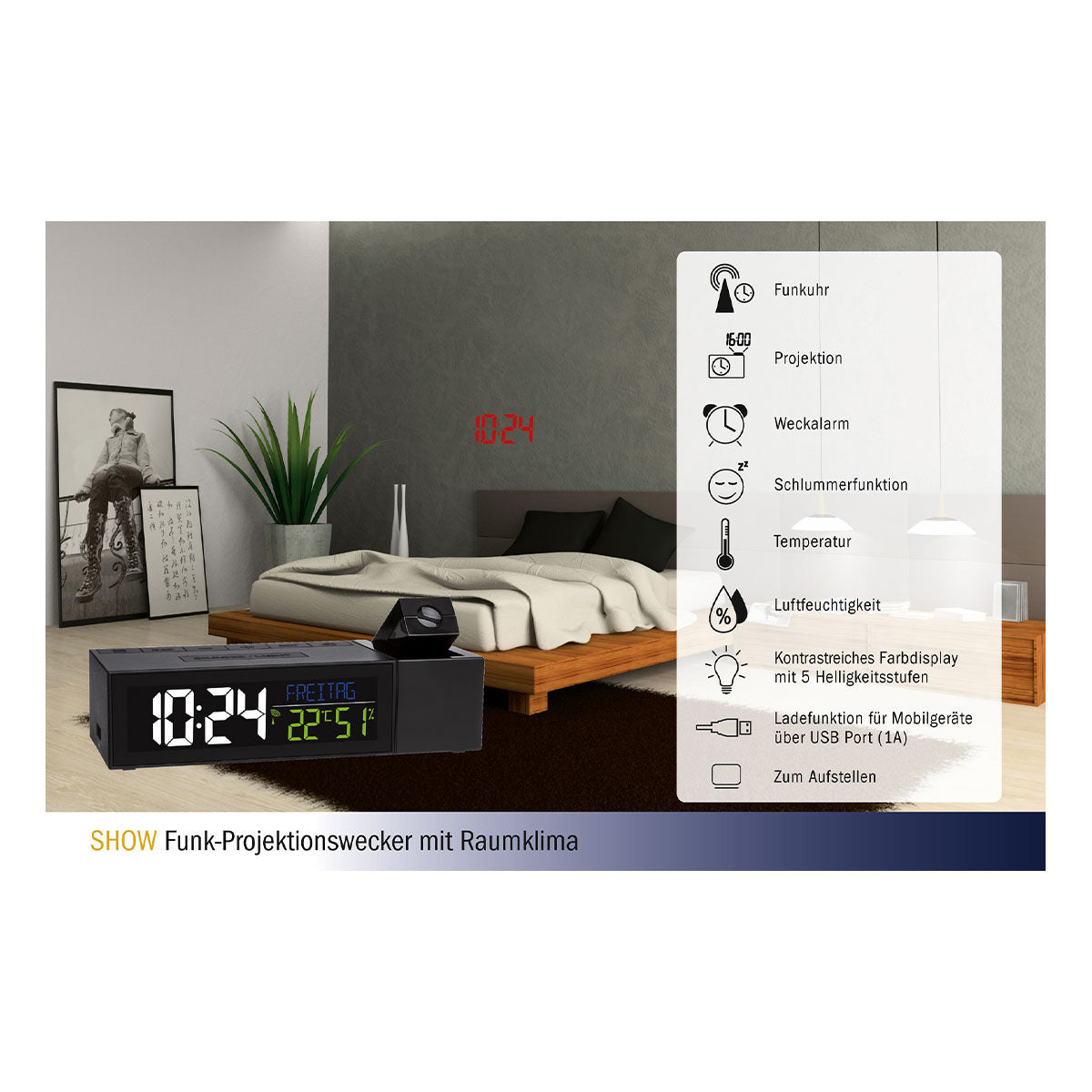 TFA-Dostmann TFA Dostmann Projektionswecker – Funk, Thermometer, USB, 16,7 × 4,8 × 6,6 cm, Schwarz