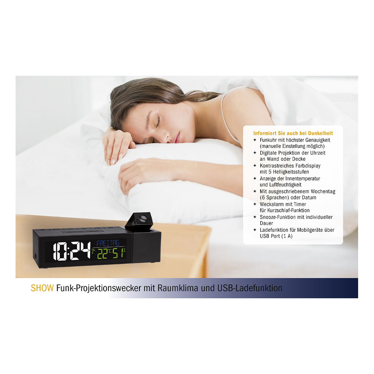 TFA-Dostmann TFA Dostmann Projektionswecker – Funk, Thermometer, USB, 16,7 × 4,8 × 6,6 cm, Schwarz