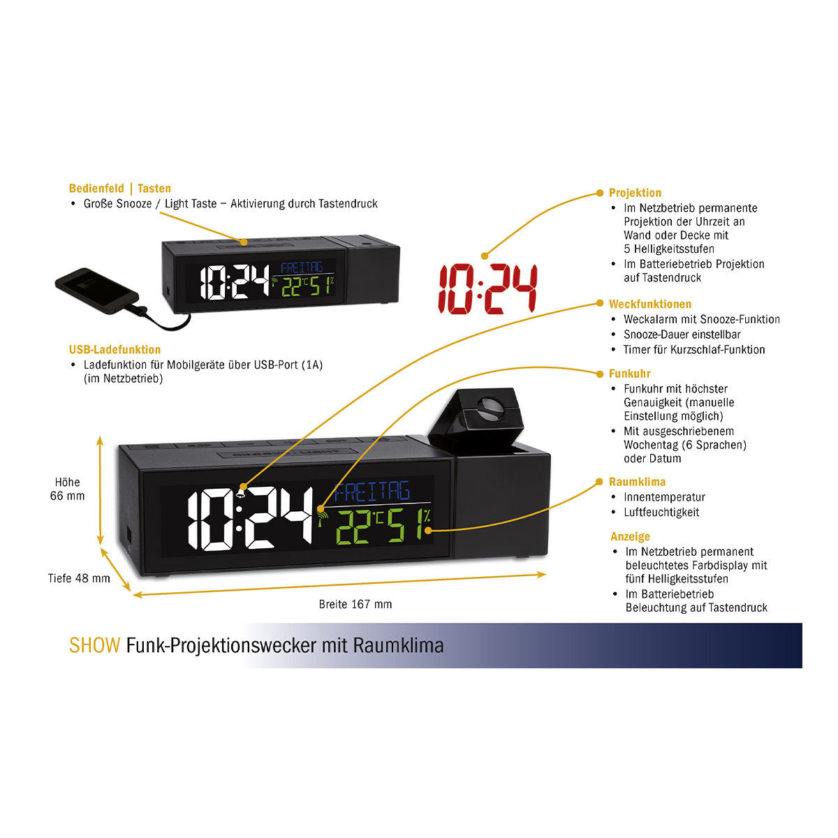 TFA-Dostmann TFA Dostmann Projektionswecker – Funk, Thermometer, USB, 16,7 × 4,8 × 6,6 cm, Schwarz