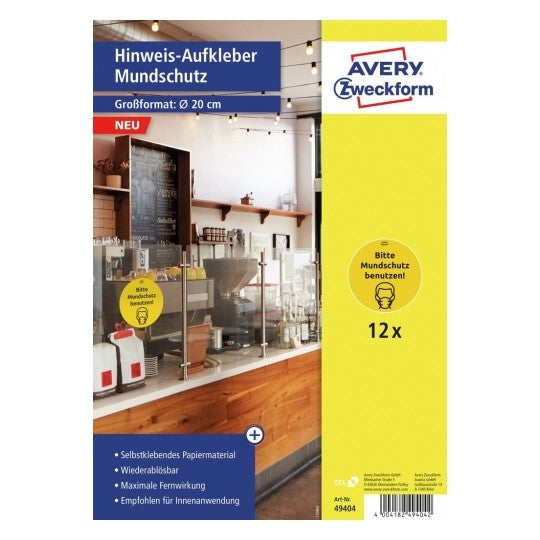 AVERY ZWECKFORM Hinweisaufkleber Bitte Mundschutz benutzen, rund – Ø 200 mm – wiederablösbar – 12 Stk.