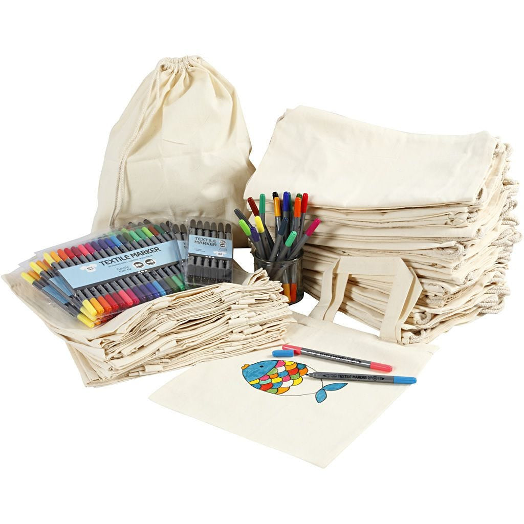 Creativ Company Textilset – Stofftasche & Turnbeutel, Baumwolle, Weiss – inkl. Stifte