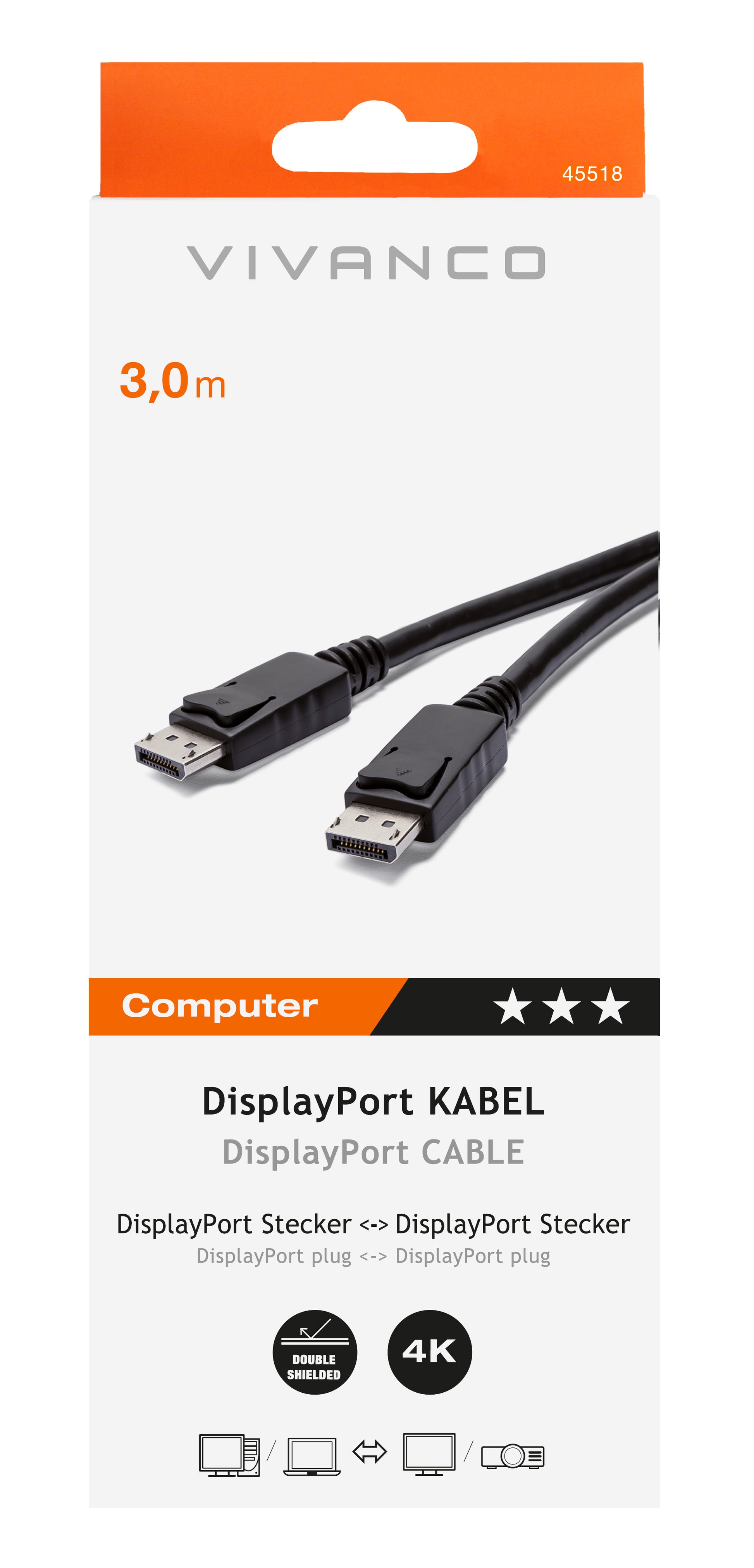 Vivanco DisplayPort Kabel 4K – 3 m – für PC, Monitor, Beamer