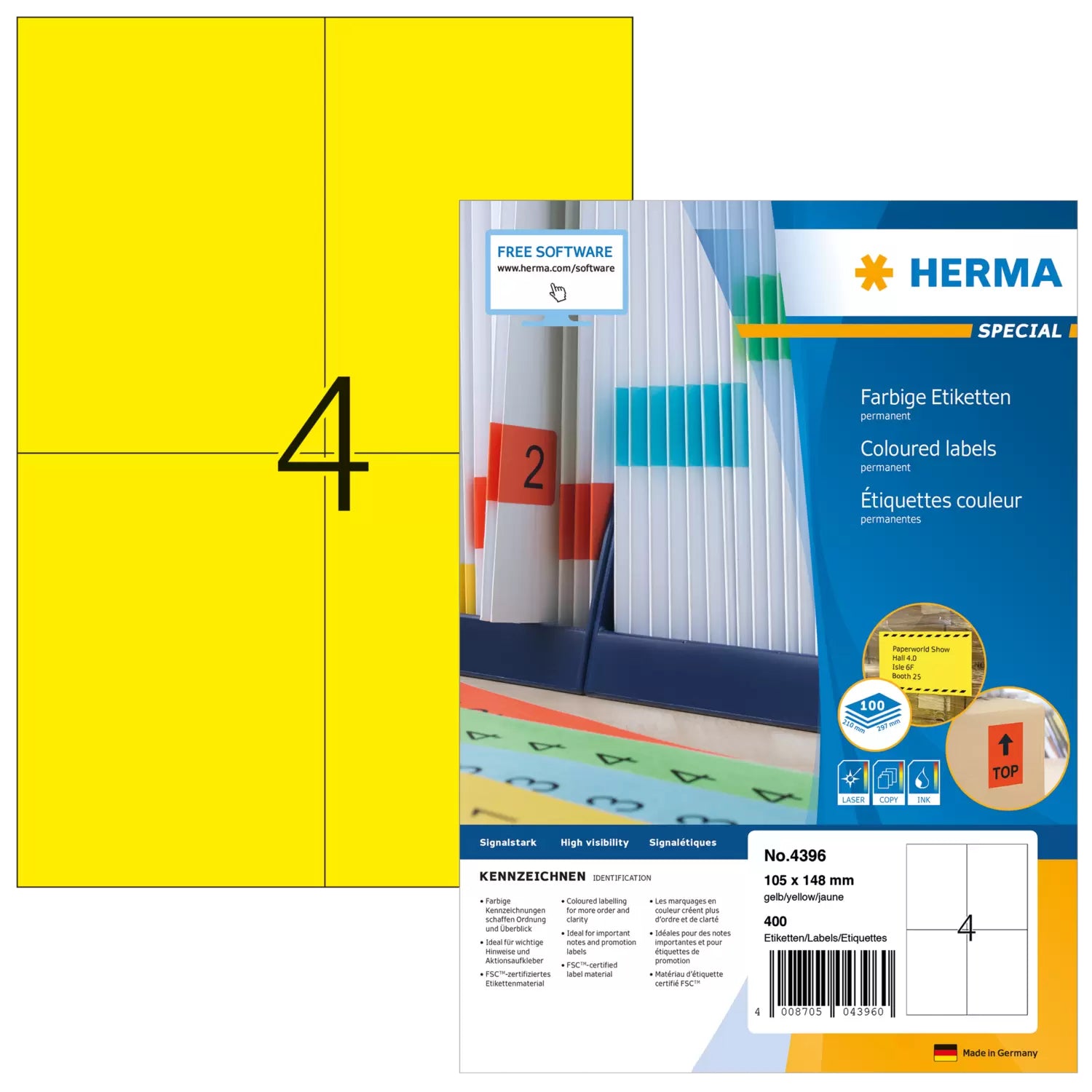 HERMA Etiketten auf Bogen, 105 mm × 148 mm, Gelb, Papier, Permanent haftend, 100 Blätter (400 Etiketten)