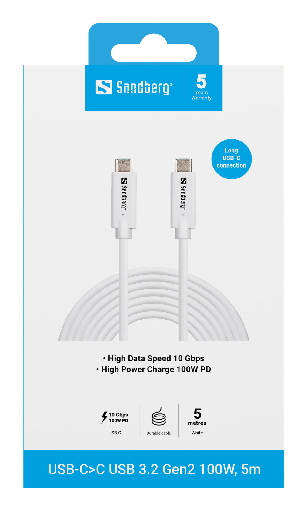 Sandberg USB-C auf USB-C Kabel – USB 3.2 Gen 2 (10 Gbit/s) – 5 m – PD 100 W – Weiss