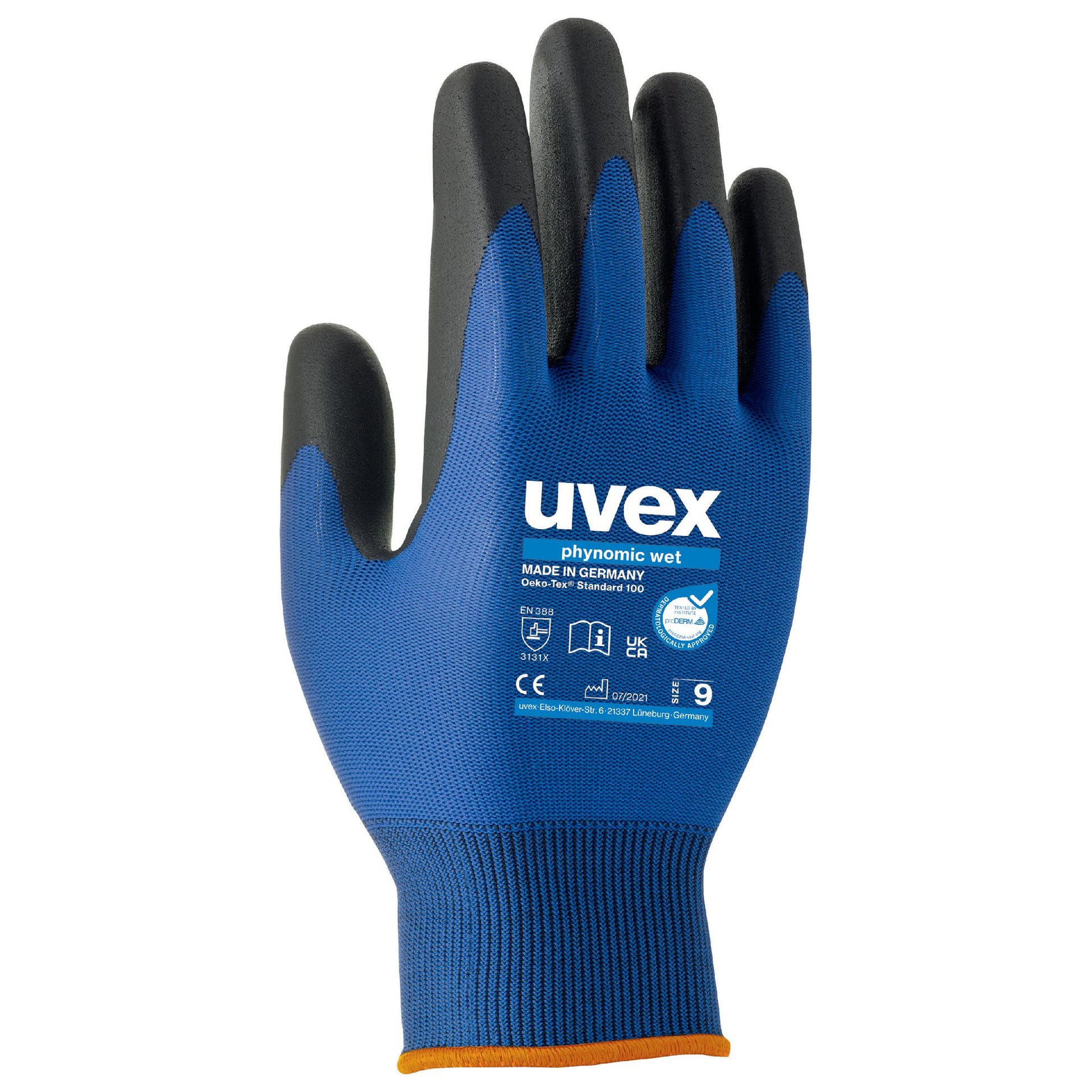 Uvex Arbeitshandschuhe Phynomic Wet – Grösse 8, 10 Paar – Polyamid/Elastan, Blau/Grau, Schaumbeschichtung
