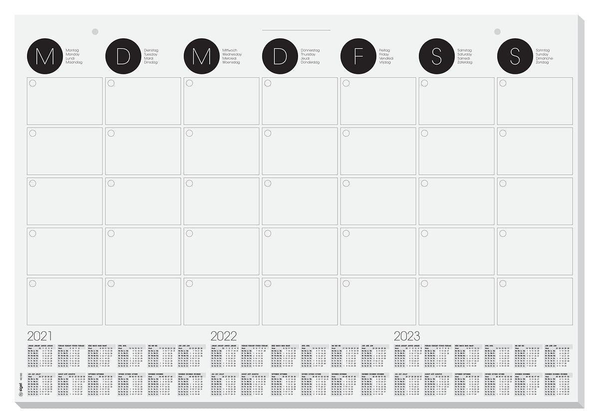 Sigel Schreibunterlage Monatsplaner – 1 Monat pro Blatt – viersprachig DE/GB/FR/NL – 2025–2027 – 59,5 × 41 cm