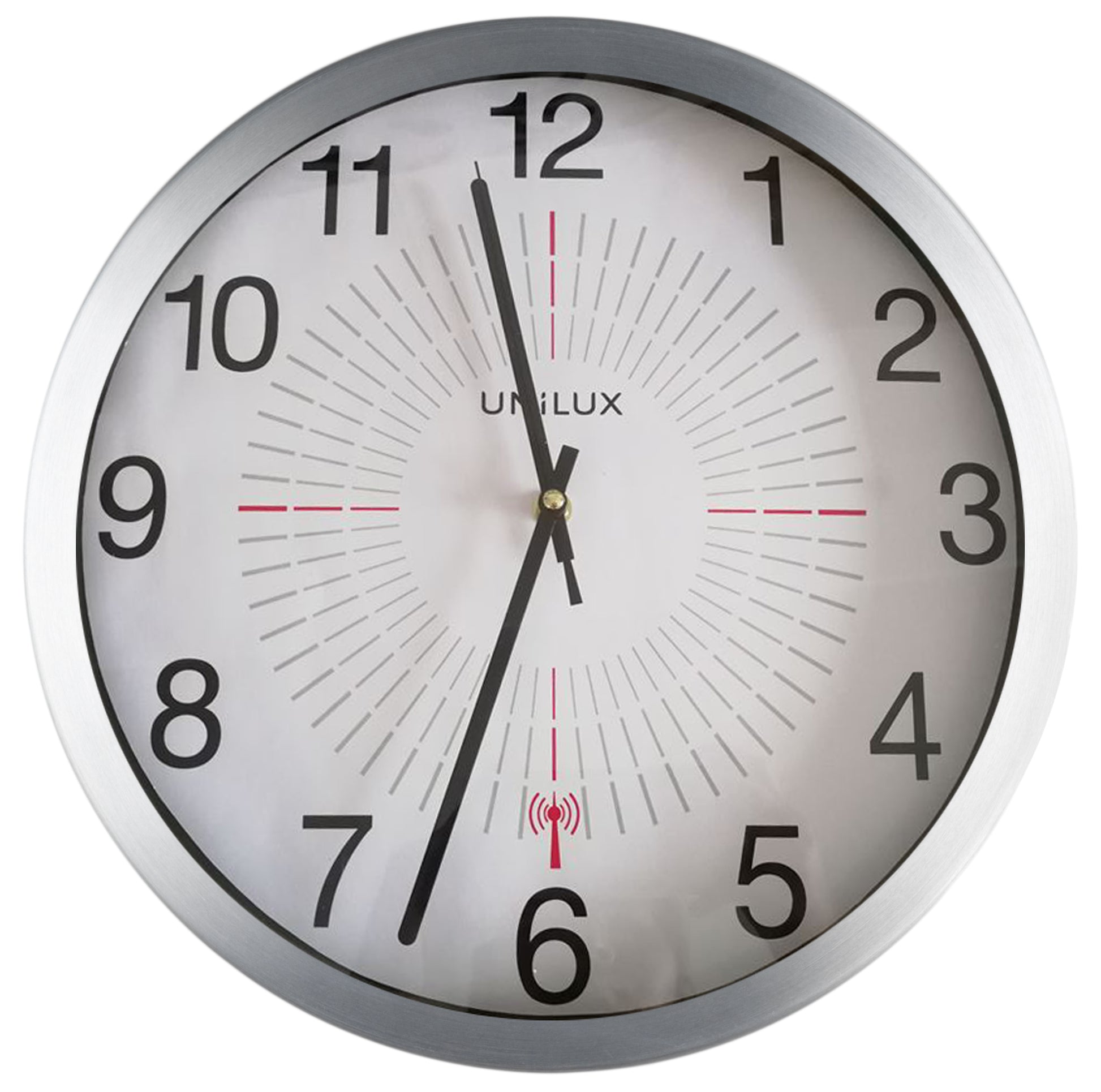 Unilux Wanduhr – Funk, wetterfest – Ø 35,5 cm, metallgrau, Metall, lautlos