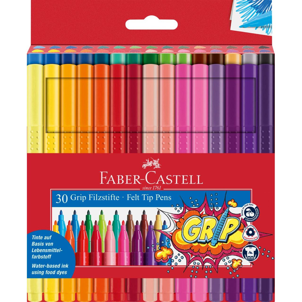 Faber-Castell Grip Filzstift – Rundspitze, 3 mm, wasserfest, mehrfarbig, 30er Set