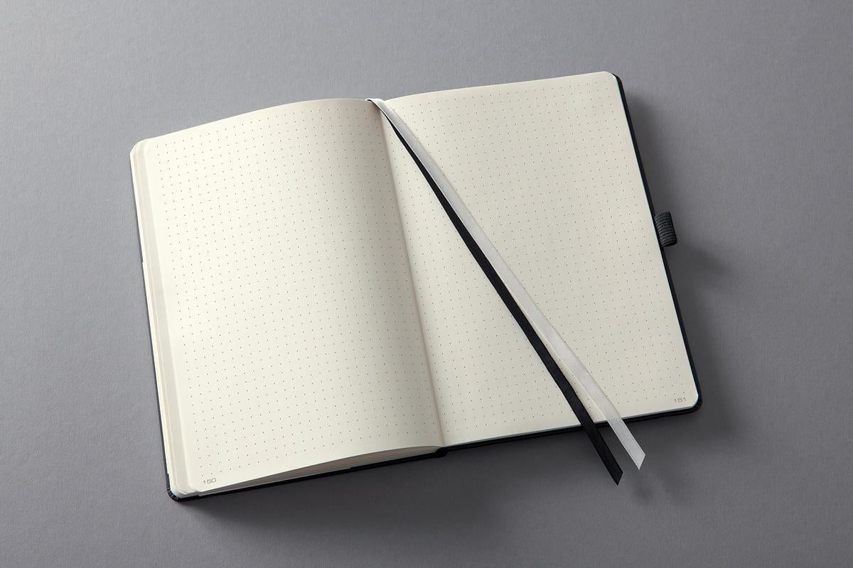 Sigel Notizbuch, 148 × 213 mm, punktkariert, Fadenheftung, 194 Seiten, 80 g/m² – schwarz