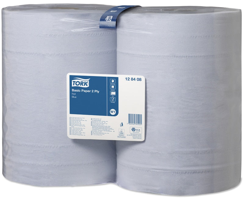 Tork Putzrolle – 2-lagig – 36,9 × 34,0 cm – 1'000 Blatt – Blau – 2 Rollen – für Tork W1 Spender
