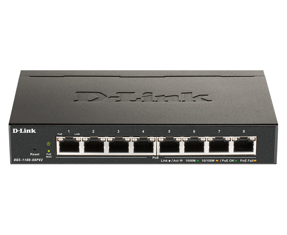 D-Link DGS-1100-08PV2 – Managed Switch – 8×GbE, L2+/L3, PoE+ 64 W