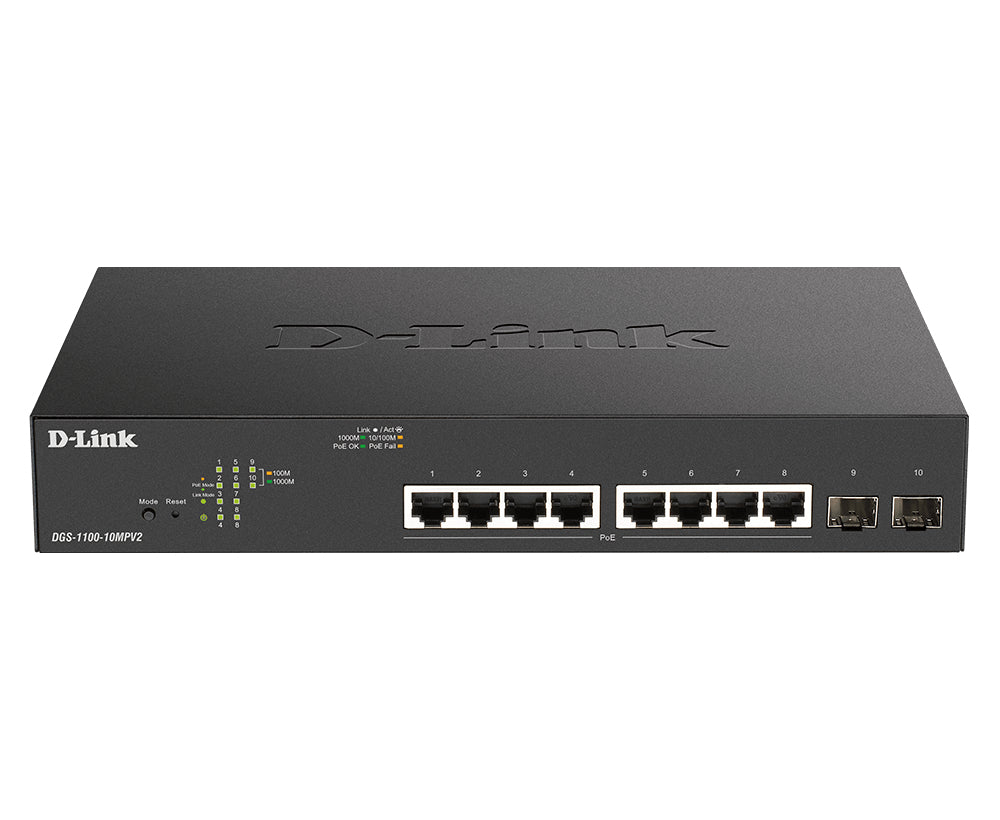 D-Link DGS-1100-10MPV2/E – Managed L2 Switch – 8× 1G, 2× SFP, PoE+, PoE-Budget 130 W, 19", 1U