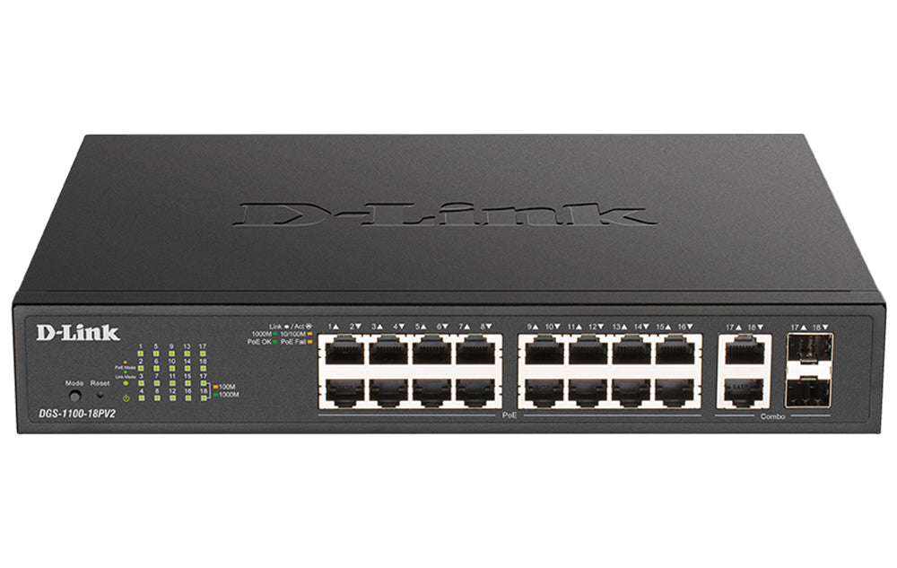 D-Link DGS-1100-18PV2 – Managed Switch – 16×GbE, 2×SFP, L2, PoE+ 130 W, 1U