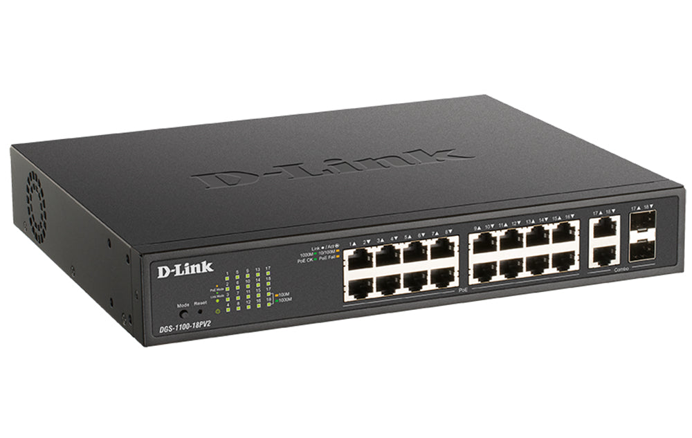 D-Link DGS-1100-18PV2 – Managed Switch – 16×GbE, 2×SFP, L2, PoE+ 130 W, 1U