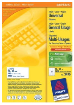 AVERY Zweckform – Etiketten A4 70 × 36 mm – Papier, weiss – Laser – 24 pro Blatt, 100 Blätter (2'400 Stk.)