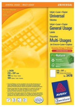 Avery Zweckform – Universal-Etiketten, 210 mm × 297 mm, für Laser- und Inkjet-Drucker, 100 Blatt