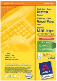 AVERY Zweckform – Etiketten A4 70 × 42 mm – Papier, weiss – Laser – 21 pro Blatt, 100 Blätter (2'100 Stk.)