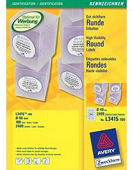 Avery L3415-100 – Markierungspunkte Ø 40 mm – 24 pro Blatt, 100 Blätter (2'400 Stk.) – Papier – permanent haftend