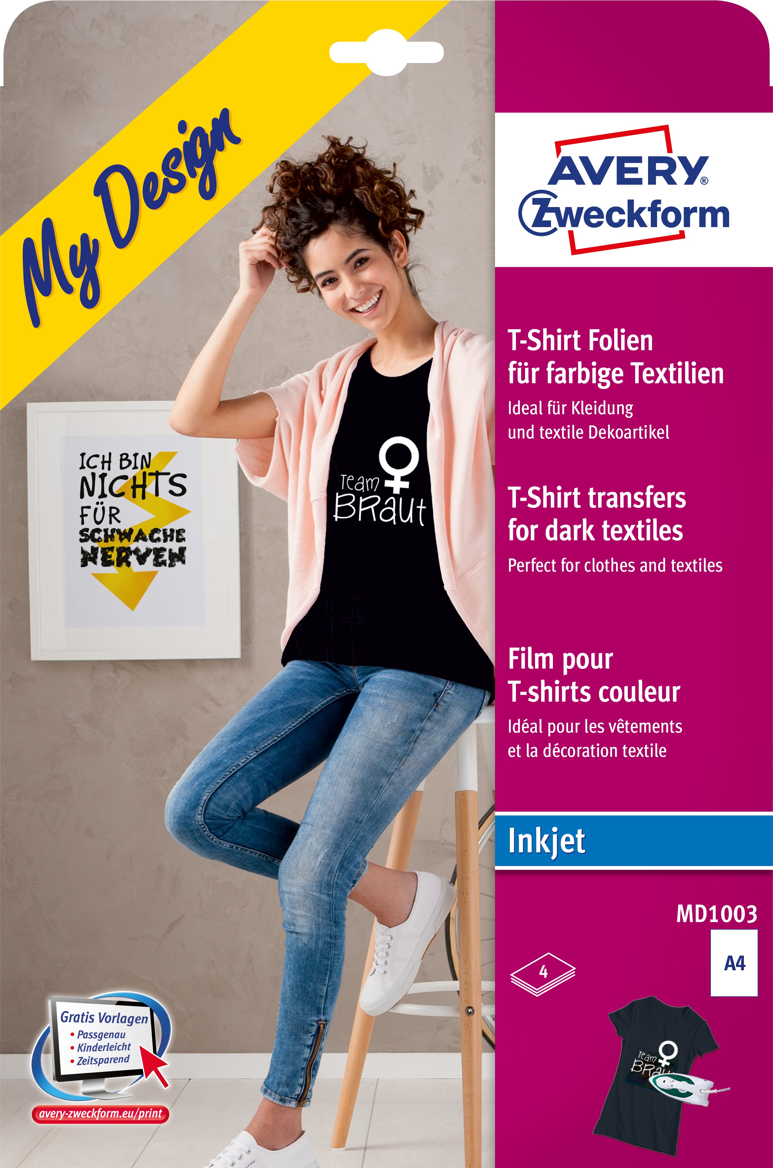 Avery Zweckform Transferpapier – für Inkjetdrucker, für dunkle Textilien, A4, waschbar bis 30 °C, 4 Blatt