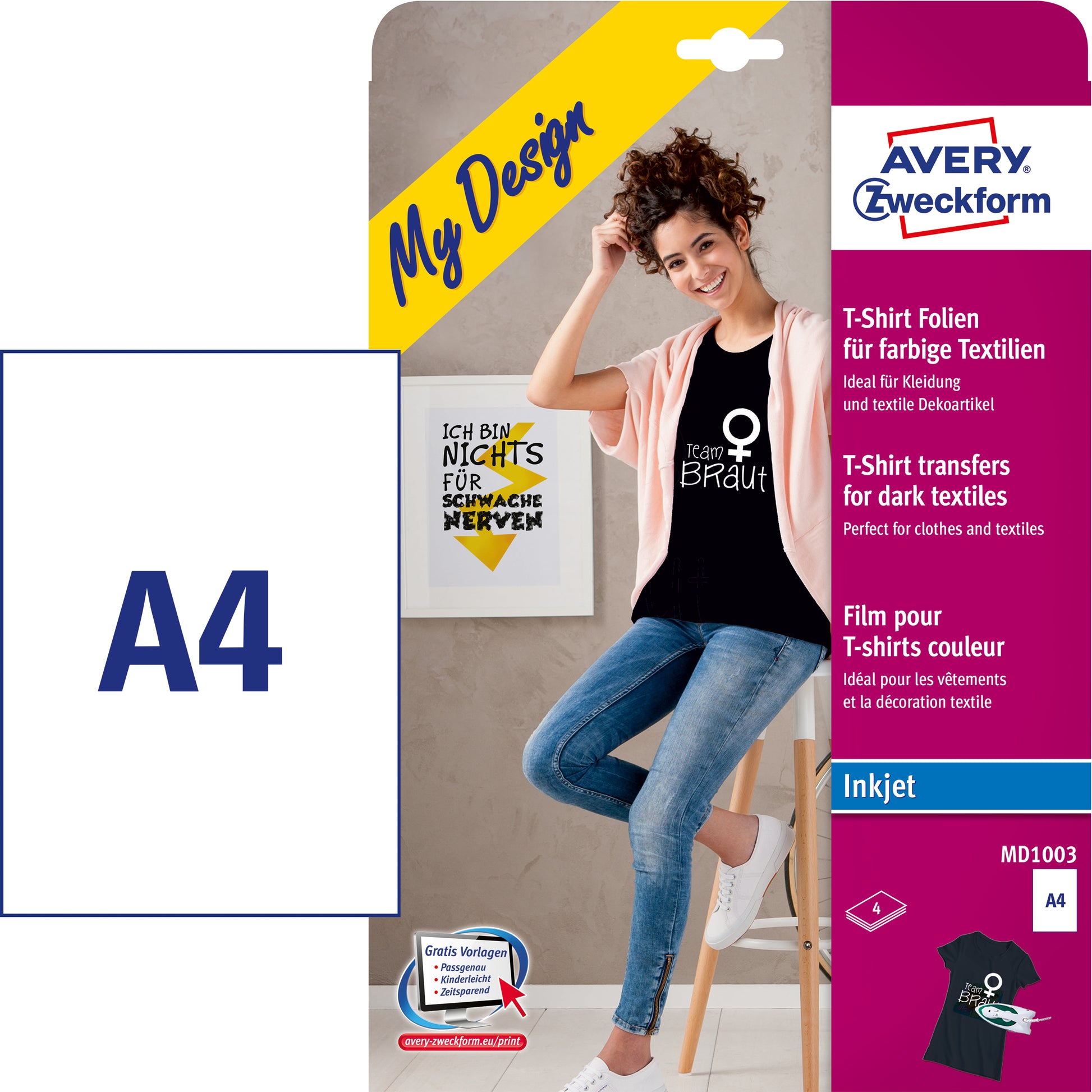 Avery Zweckform Transferpapier – für Inkjetdrucker, für dunkle Textilien, A4, waschbar bis 30 °C, 4 Blatt
