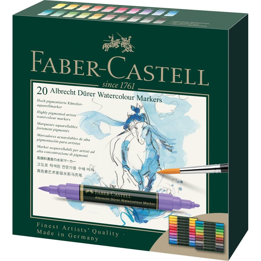 Faber-Castell Albrecht Dürer Pinselstift, Doppelspitze – Pinsel + Faserspitze, wasservermalbar, 20 Farben