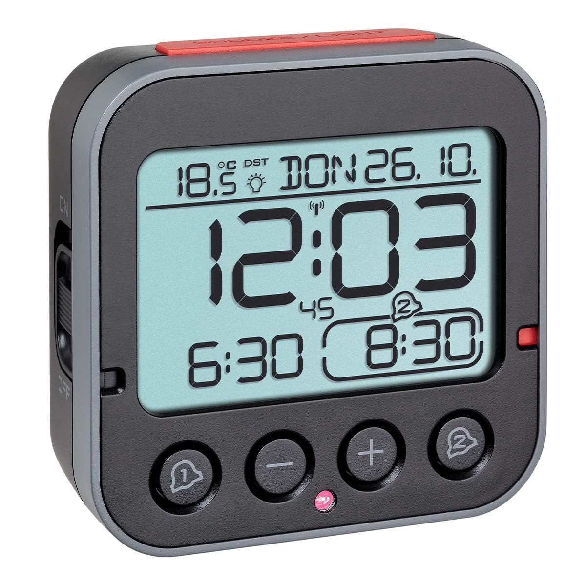 TFA-Dostmann TFA Dostmann BINGO 2.0 Digitalwecker – Funk, Snooze, Thermometer, 9,5 × 9,6 × 4,1 cm, Schwarz