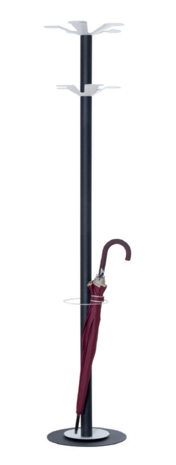 PaperFlow Garderobenständer easyCloth C – Stahl, Weiss/Anthrazit, 10 Haken, mit Schirmhalter, Tropfmulde