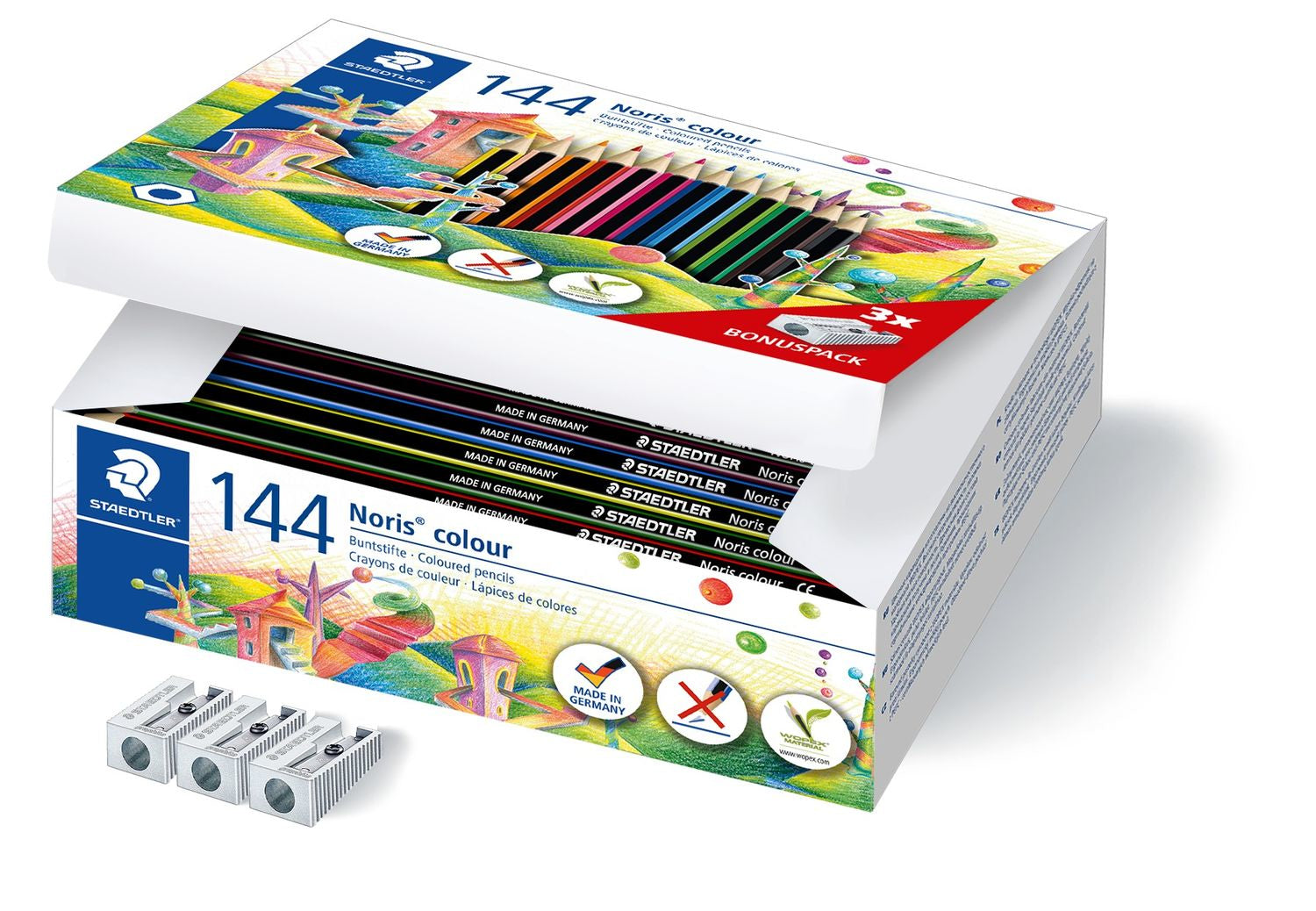 Staedtler Aquarellfarbstifte Noris colour – Sechskant, Minen-Ø 3,0 mm, 144 Stifte, im Kartonetui, mit Spitzer