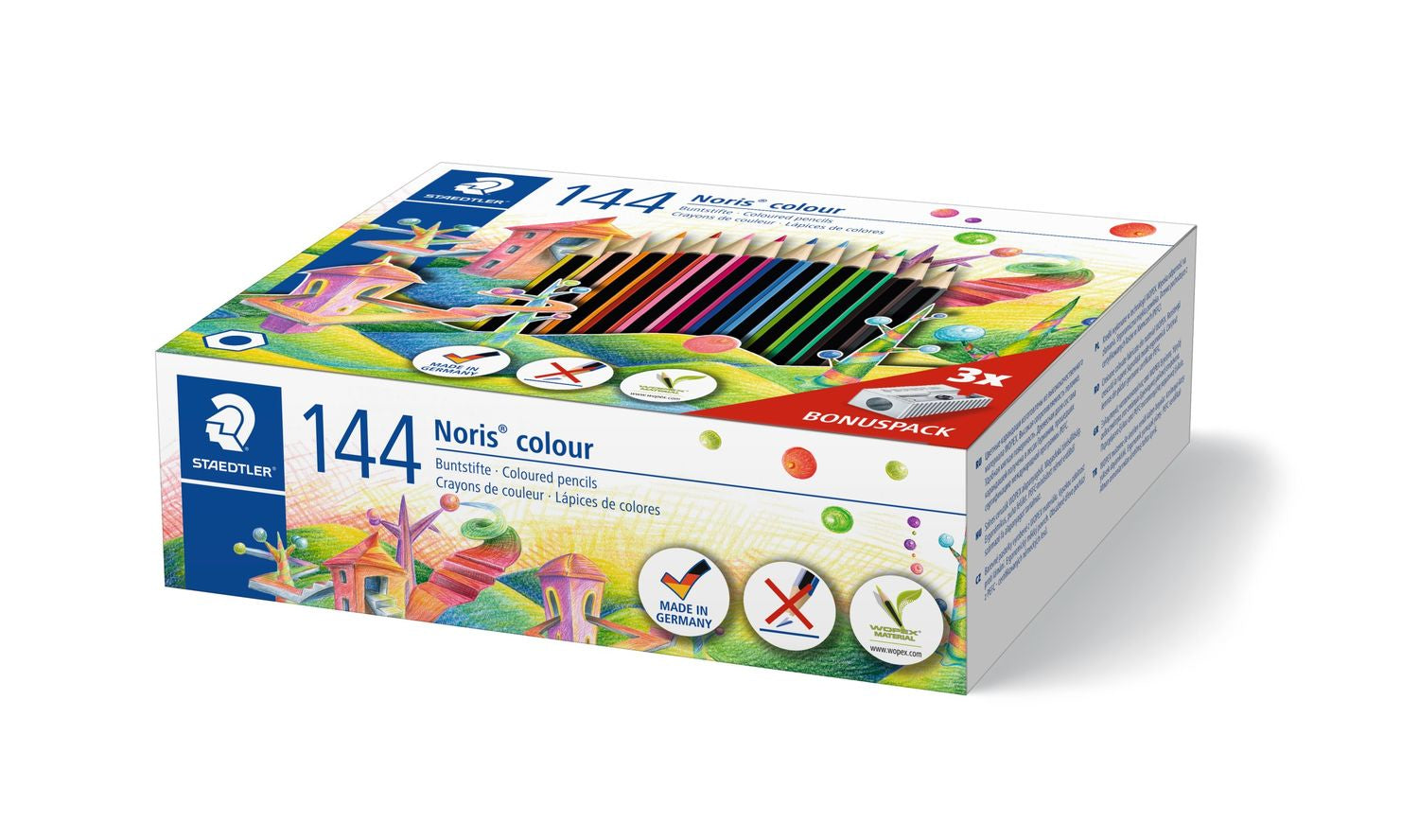 Staedtler Aquarellfarbstifte Noris colour – Sechskant, Minen-Ø 3,0 mm, 144 Stifte, im Kartonetui, mit Spitzer