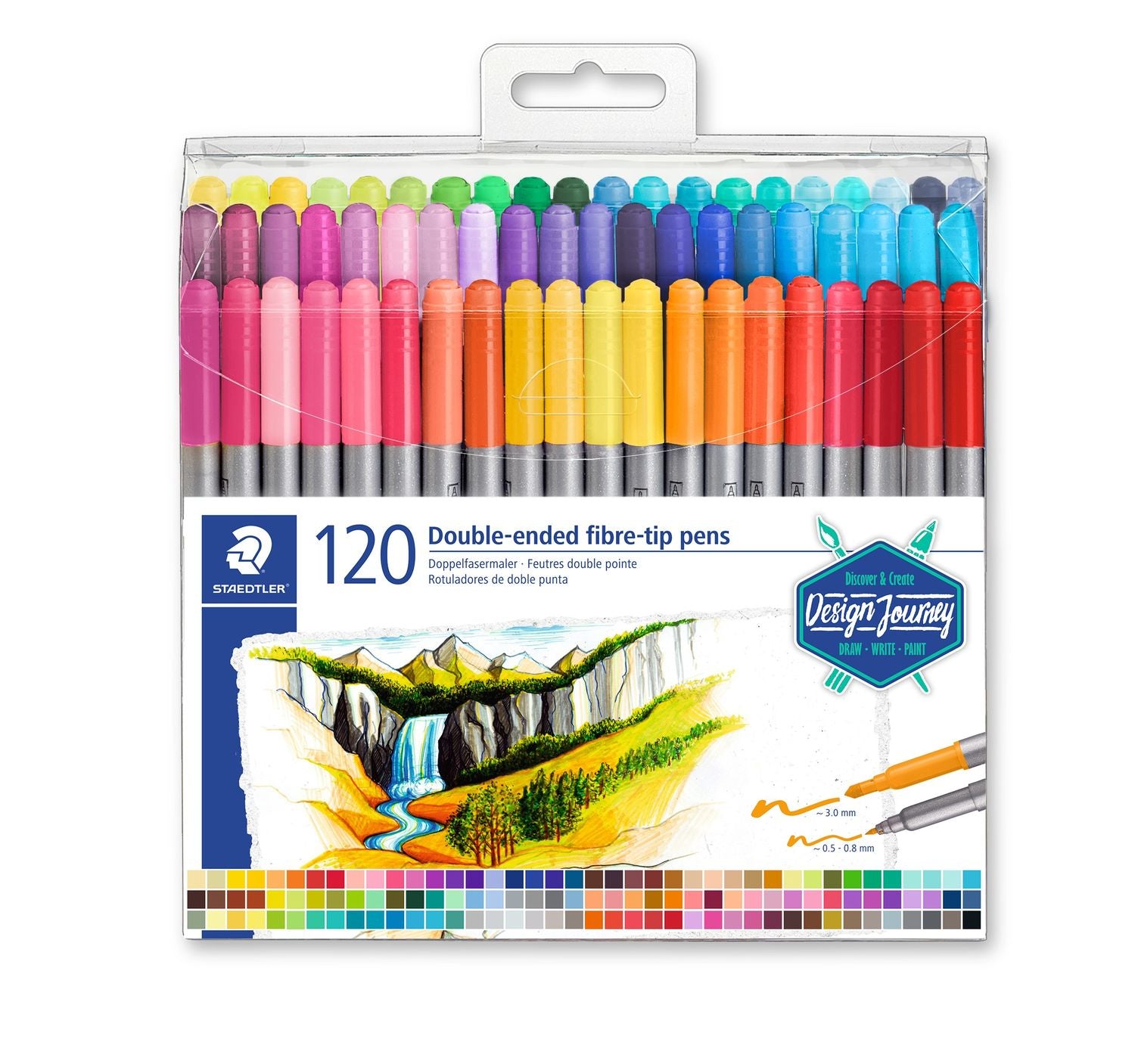 Staedtler Design Journey Filzstifte, Doppelspitze – Kombi, 3 mm / 0,5–0,8 mm, wasservermalbar, 12 Farben