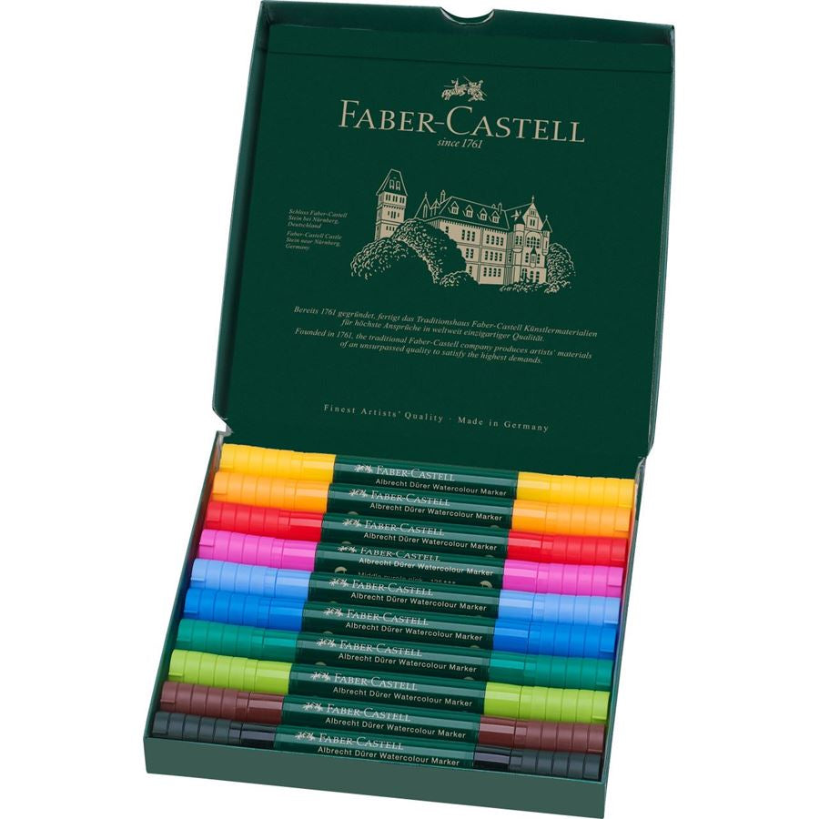 Faber-Castell Albrecht Dürer Pinselstift – Doppelspitze, Pinsel + Faserspitze, wasservermalbar, 10 Farben