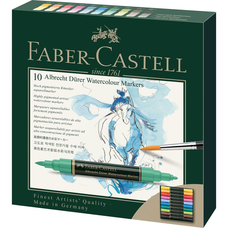 Faber-Castell Albrecht Dürer Pinselstift – Doppelspitze, Pinsel + Faserspitze, wasservermalbar, 10 Farben