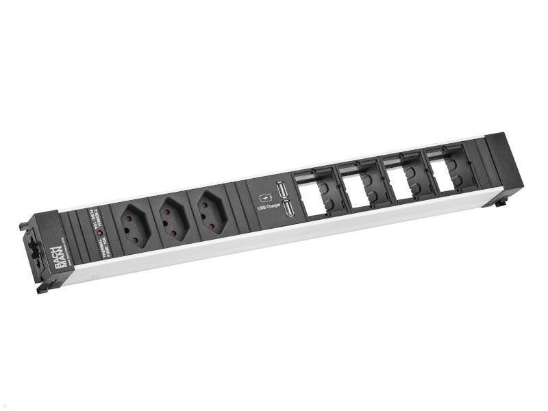 Bachmann CONFERENCE Einbausteckdosenleiste, 3×T13, 1×USB‑A 5 V 3,1 A, Einbau – Schwarz/Silber