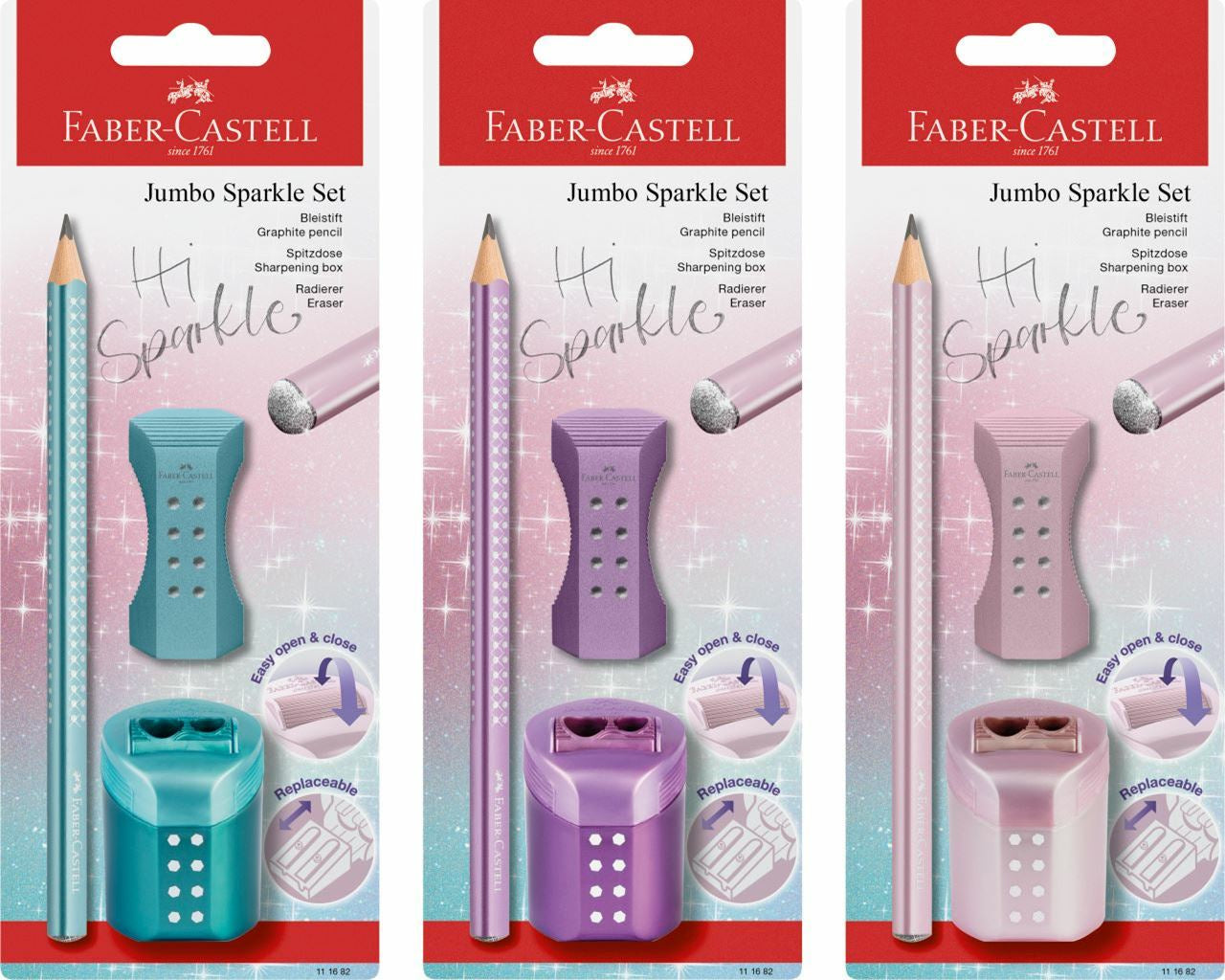 Faber-Castell Sparkle Schreibset B, dreikantig – mit Spitzer & Radierer